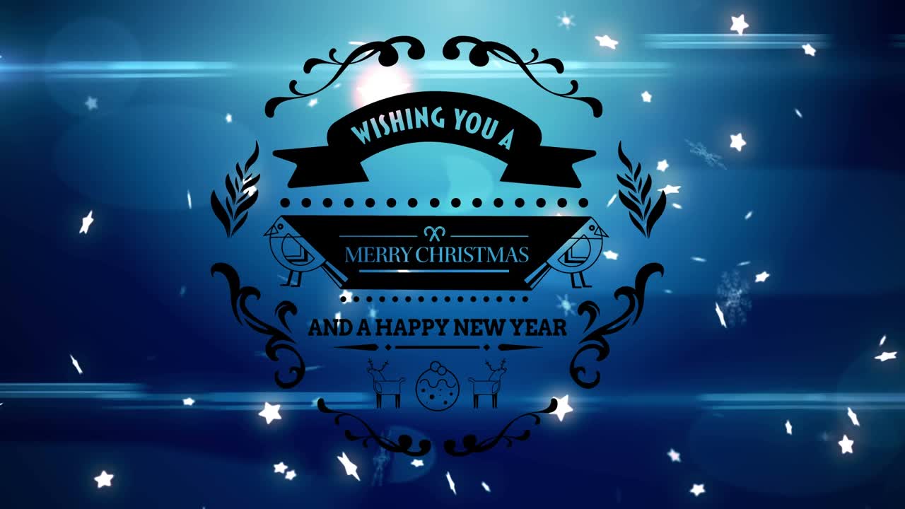 圣诞快乐和新年快乐的文字横幅发光的星星浮动在蓝色的背景视频素材
