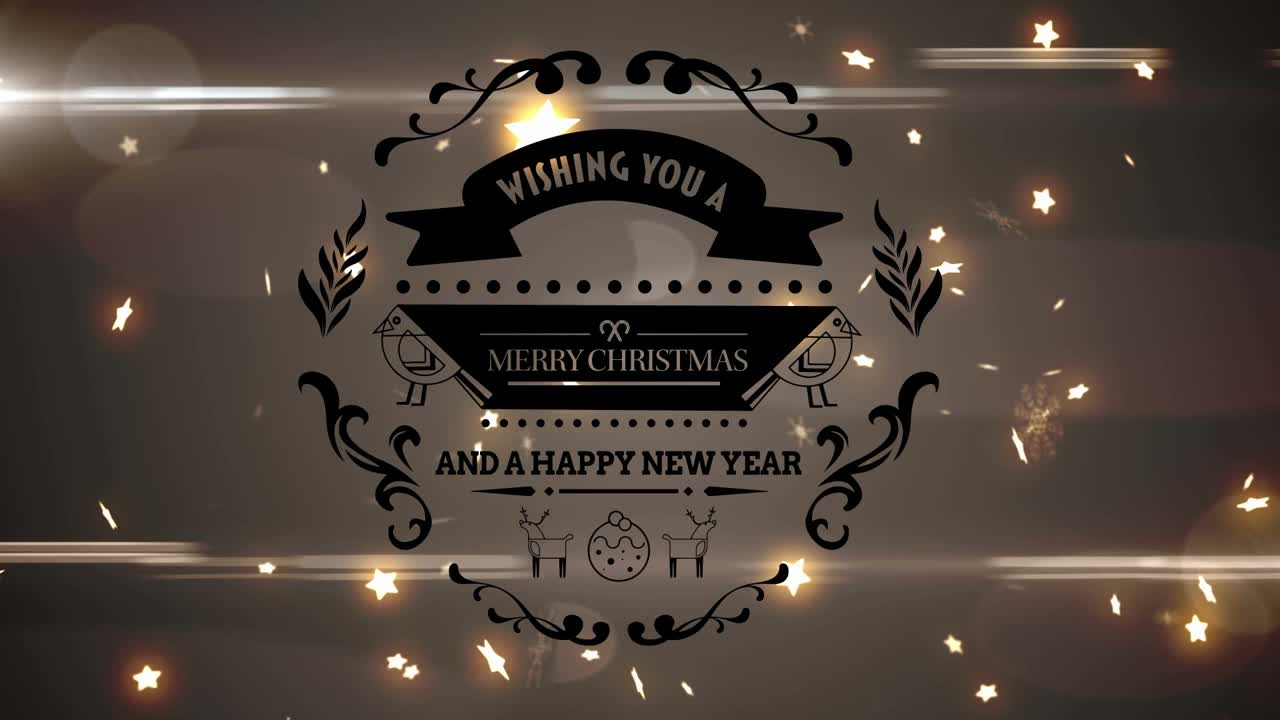 圣诞快乐和新年快乐的文字横幅发光的星星浮动在灰色的背景视频素材