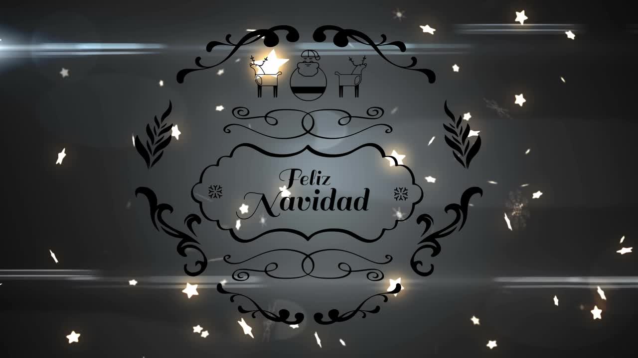 Feliz navidad文本横幅对多个发光的星星图标浮动在灰色背景视频素材