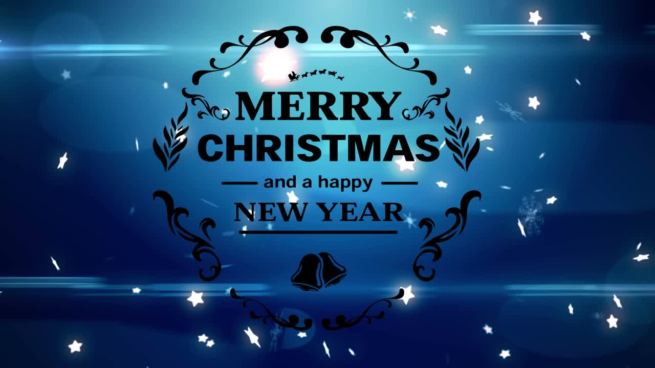 圣诞快乐和新年快乐的文字横幅发光的星星浮动在蓝色的背景视频素材