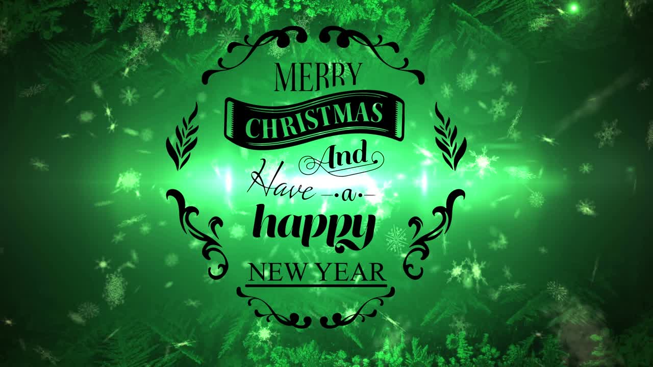 圣诞快乐，新年快乐的文字旗帜映衬着雪花和绿光点点视频素材