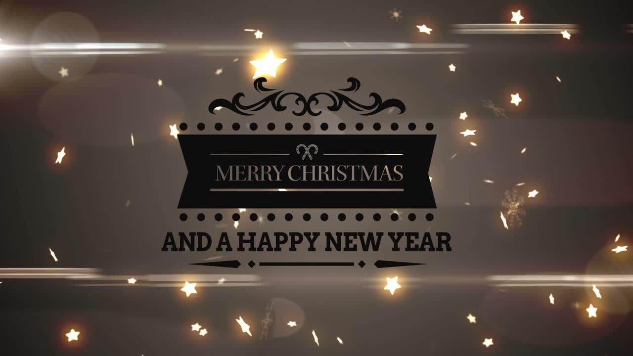 圣诞快乐和新年快乐的文字横幅发光的星星浮动在灰色的背景视频素材