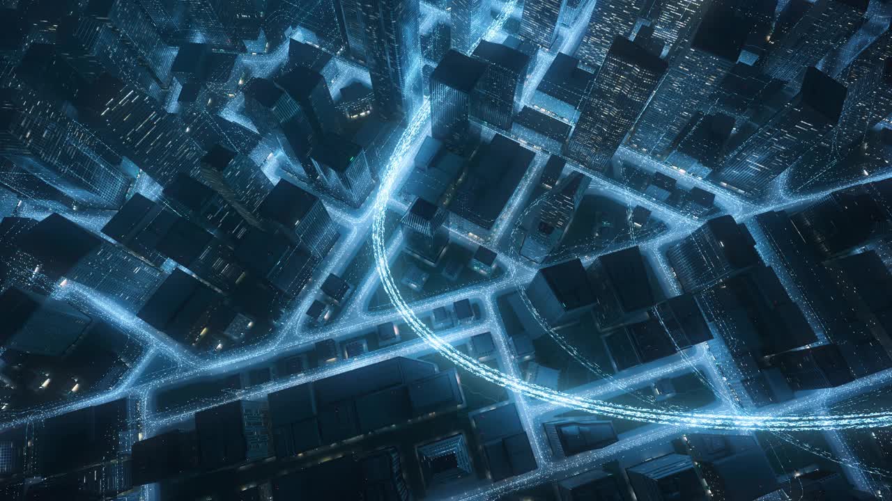 飞行在城市景观与发光的数据线-大数据，物联网，未来主义建筑视频下载