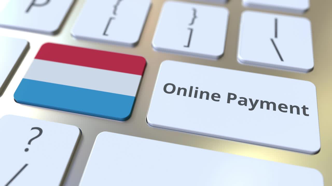 在线支付文本和键盘上的卢森堡国旗。现代金融相关概念3D动画视频下载