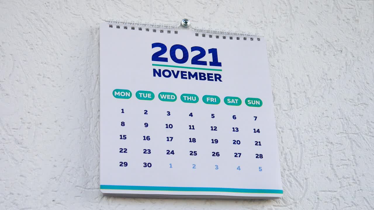 特写镜头:2021年，男性手撕掉墙上日历的11月页，用手指指向12月页的圣诞节日期视频素材