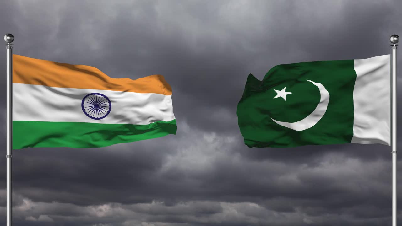 印度和巴基斯坦国旗互相挥舞|循环。视频素材