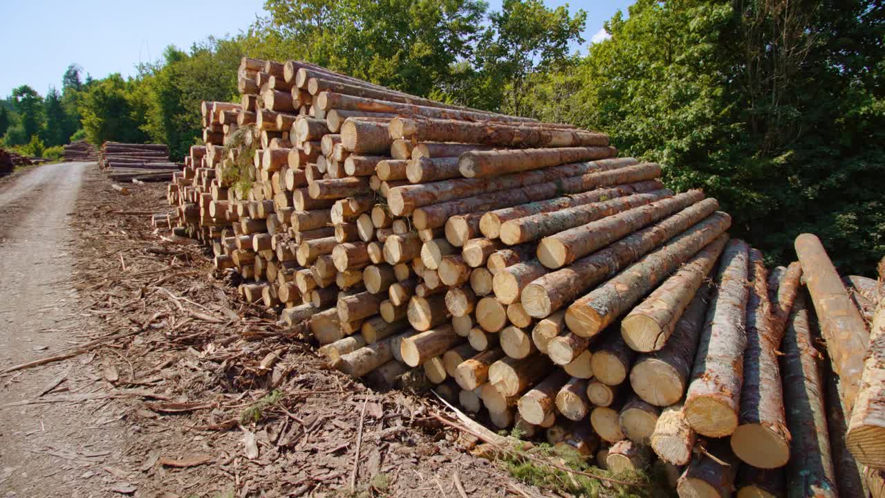 松木堆放在林带附近的锯木厂场地上视频下载