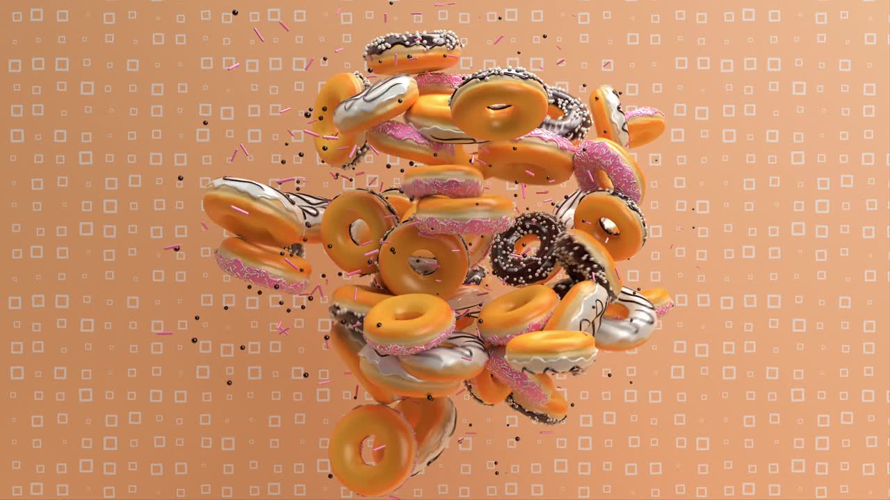 粉色釉面甜甜甜圈，巧克力和白色糖霜甜甜圈，美味不健康的甜点动画背景，3d渲染抽象艺术，甜甜圈国庆，美食平面设计视频下载