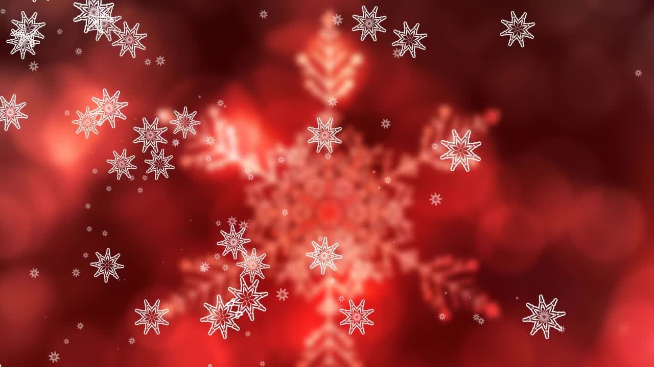 下雪的动画和圣诞节的小玩意在红色背景上的雪花视频素材