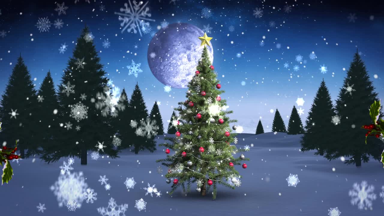 圣诞花环上装饰着雪花飘落在圣诞树上的冬日风景视频素材