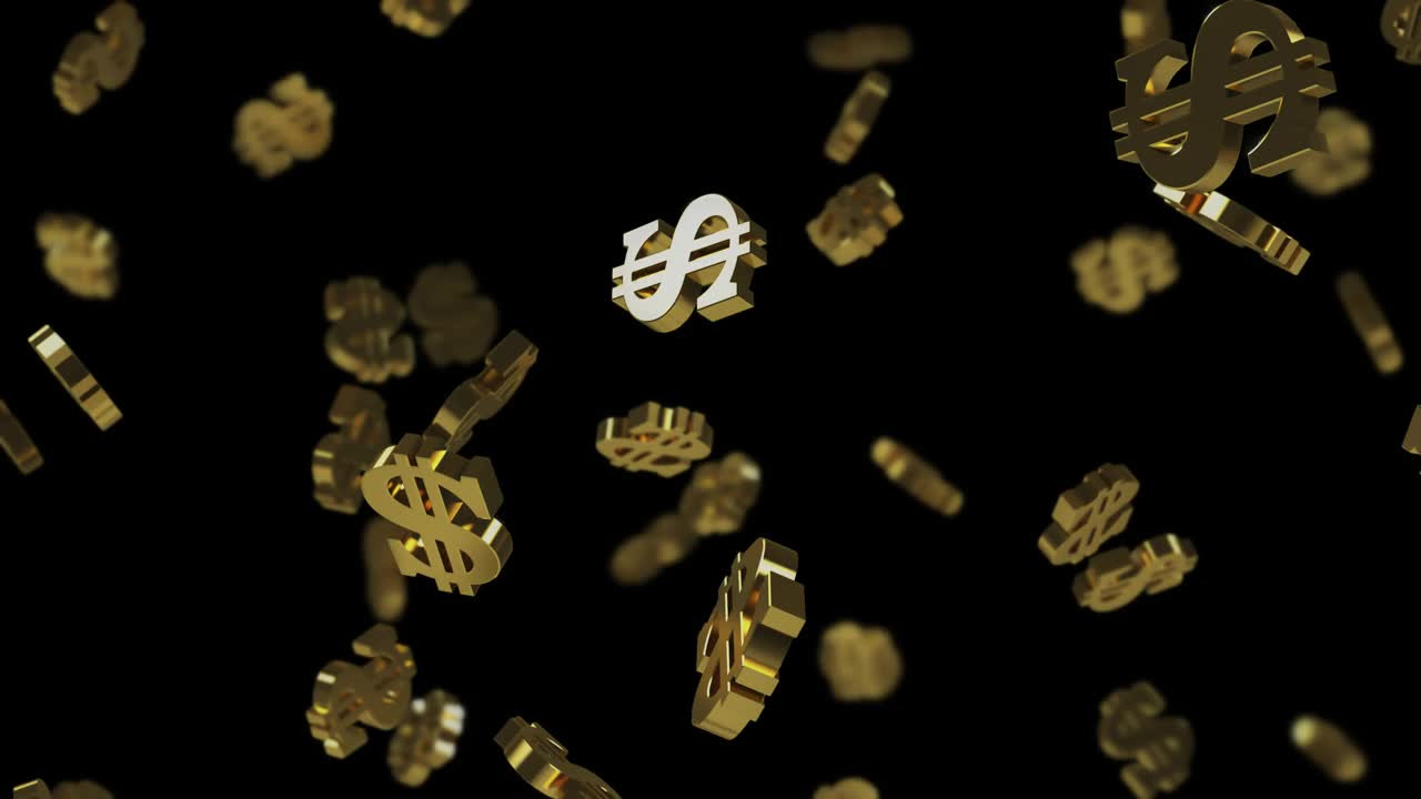 下落的黄金美元标志在一个透明的背景与景深。3 d循环动画视频下载