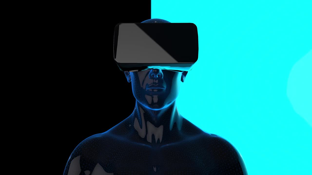 剪影人穿戴虚拟现实设备(VR)，在抽象的数字3d世界移动运动。视频购买