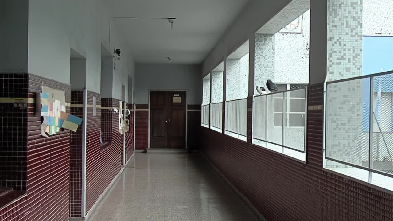 阿根廷COVID - 19封锁期间，鸽子坐在布宜诺斯艾利斯一所公立学校空走廊的栏杆上。视频素材