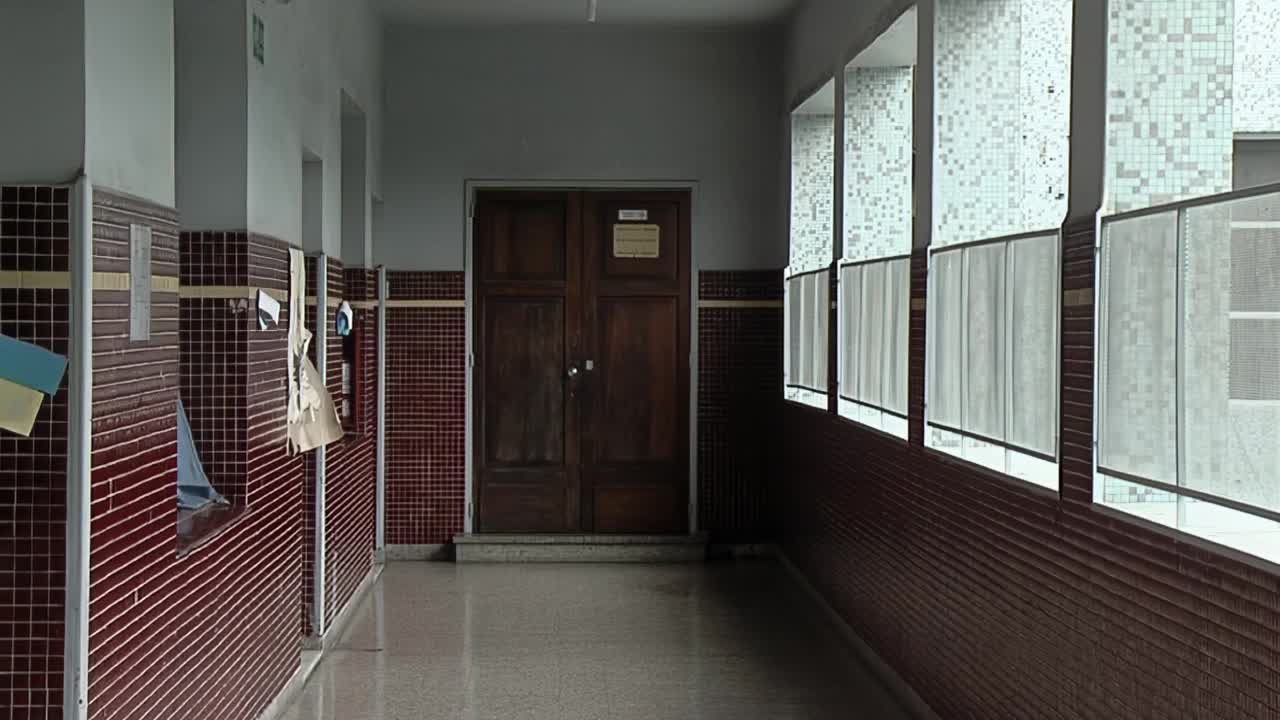 2019冠状病毒病封锁期间，阿根廷布宜诺斯艾利斯一所公立学校的空走廊。视频素材