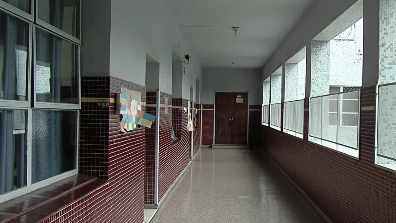 2019冠状病毒病封锁期间，阿根廷布宜诺斯艾利斯一所公立学校的空走廊。视频素材
