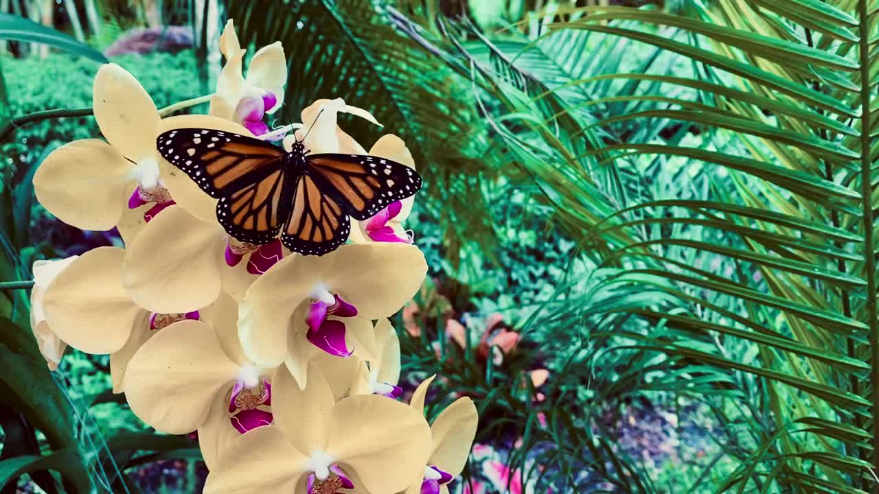 兰花上濒危的帝王蝶视频素材