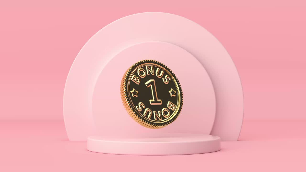4k分辨率视频:黄金现金一枚奖金硬币在粉红色圆柱体上旋转产品舞台基座上的粉红色背景循环动画视频下载