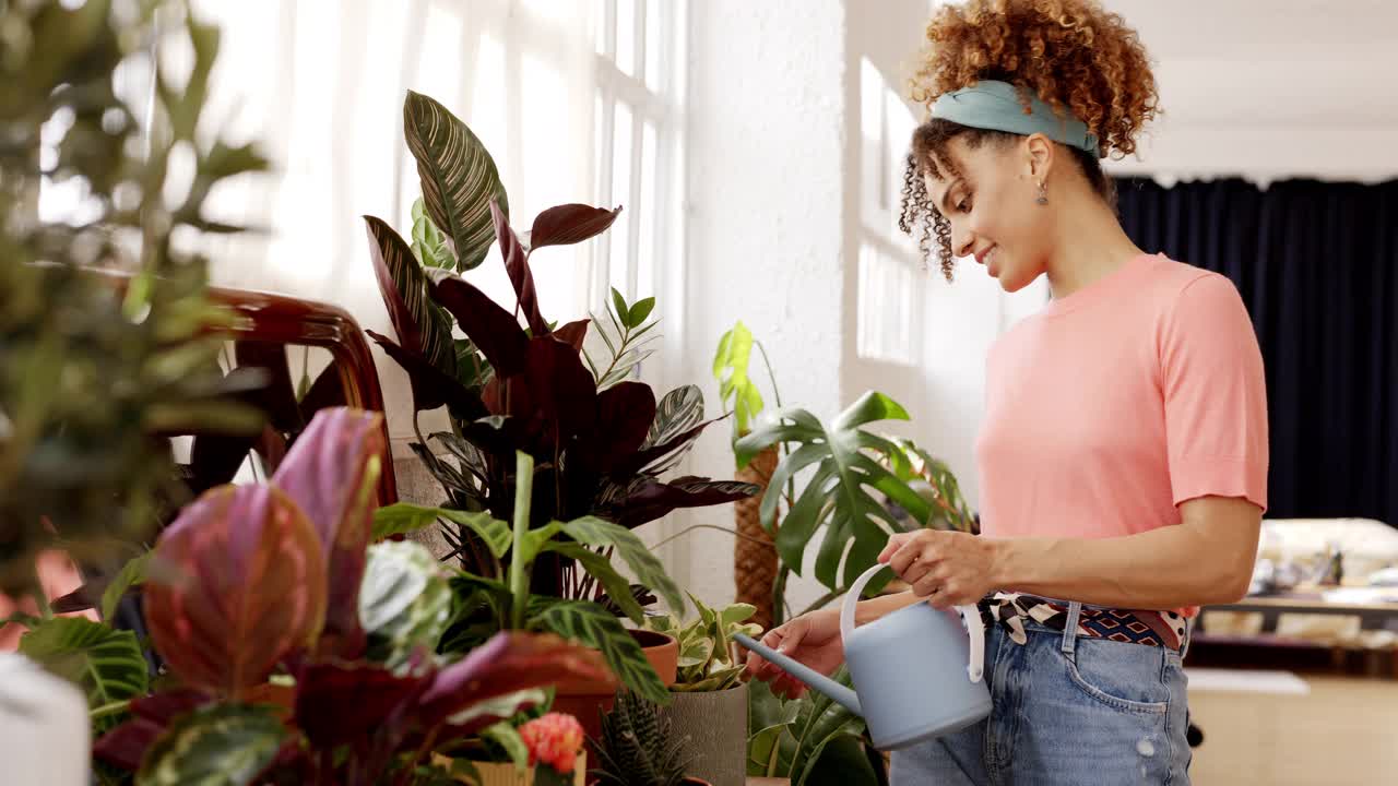 妇女拿着浇水罐在家里的植物视频素材