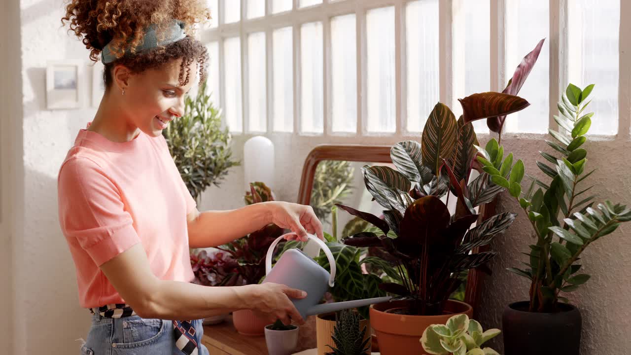 在公寓里给植物浇水的快乐女人视频下载