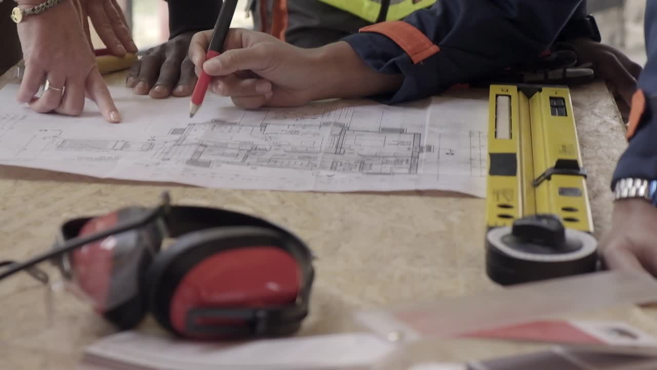 一群建筑师在施工现场修改施工计划视频下载