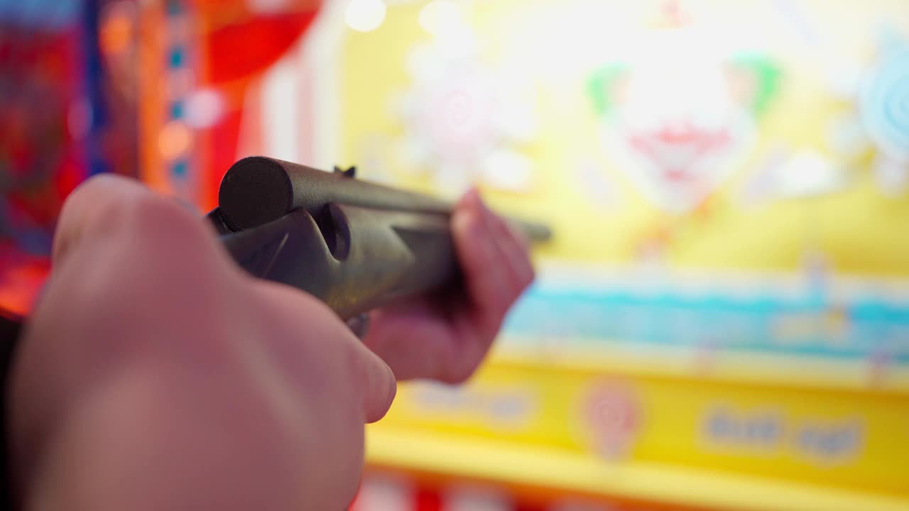 有人在游戏中心拿着枪。孩子的目标射击。老虎机和小丑还有视频下载