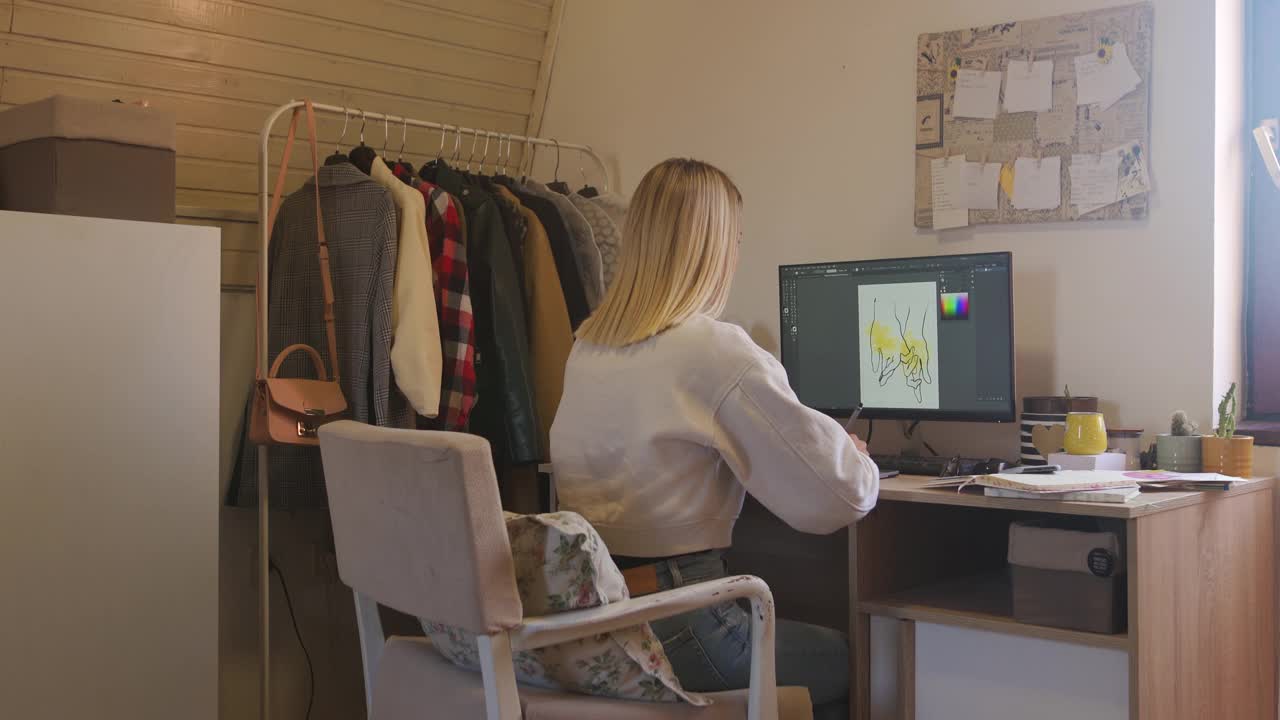 在她的房间里，一位女性平面设计师正在使用丰富的技术进行一个新项目视频下载