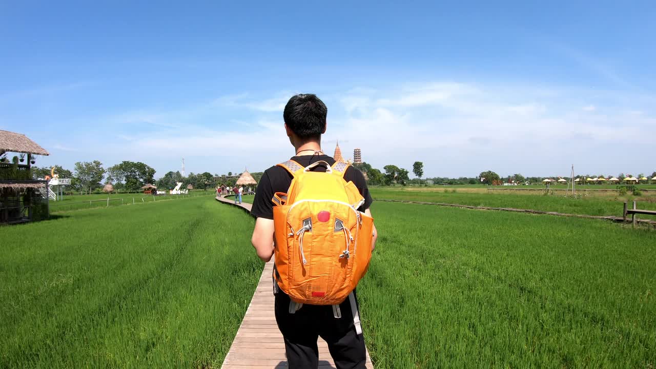 一名东南亚男子带着旅行行李走向绿地视频下载