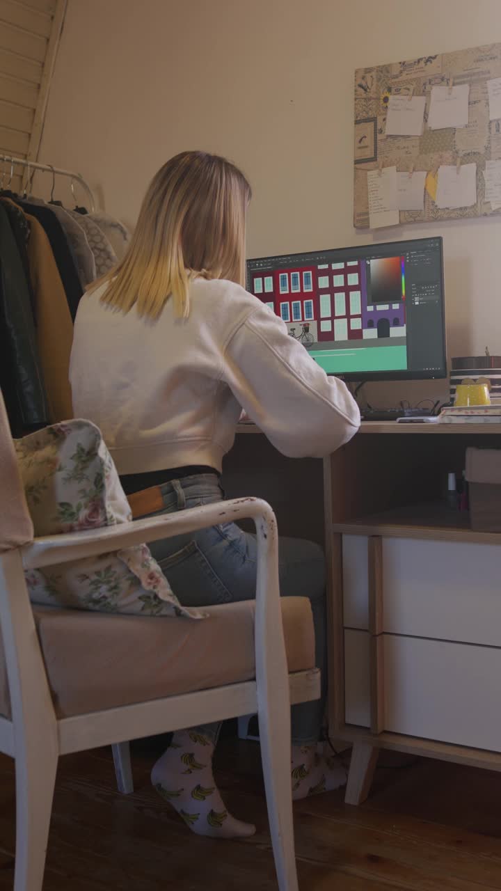 创意女性平面设计师工作在一个新项目，从她的家庭办公室视频下载