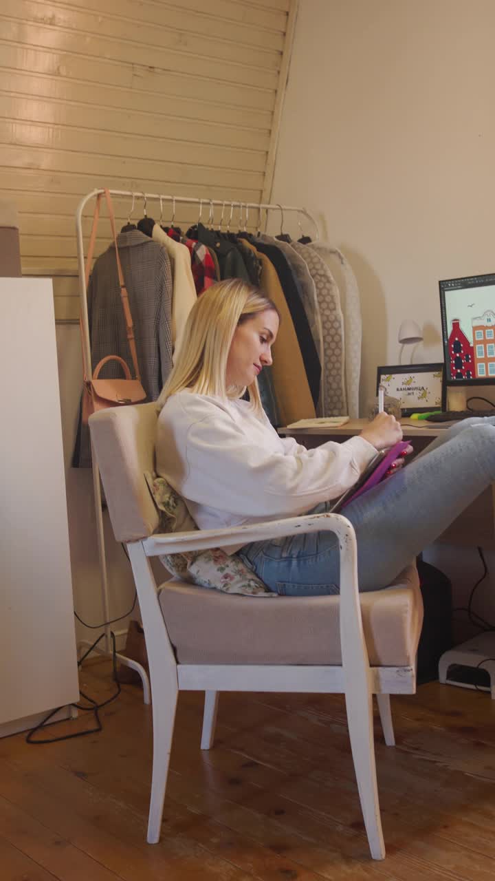 在一台数码平板电脑上，一位富有创意的女性平面设计师正在画着标识视频下载