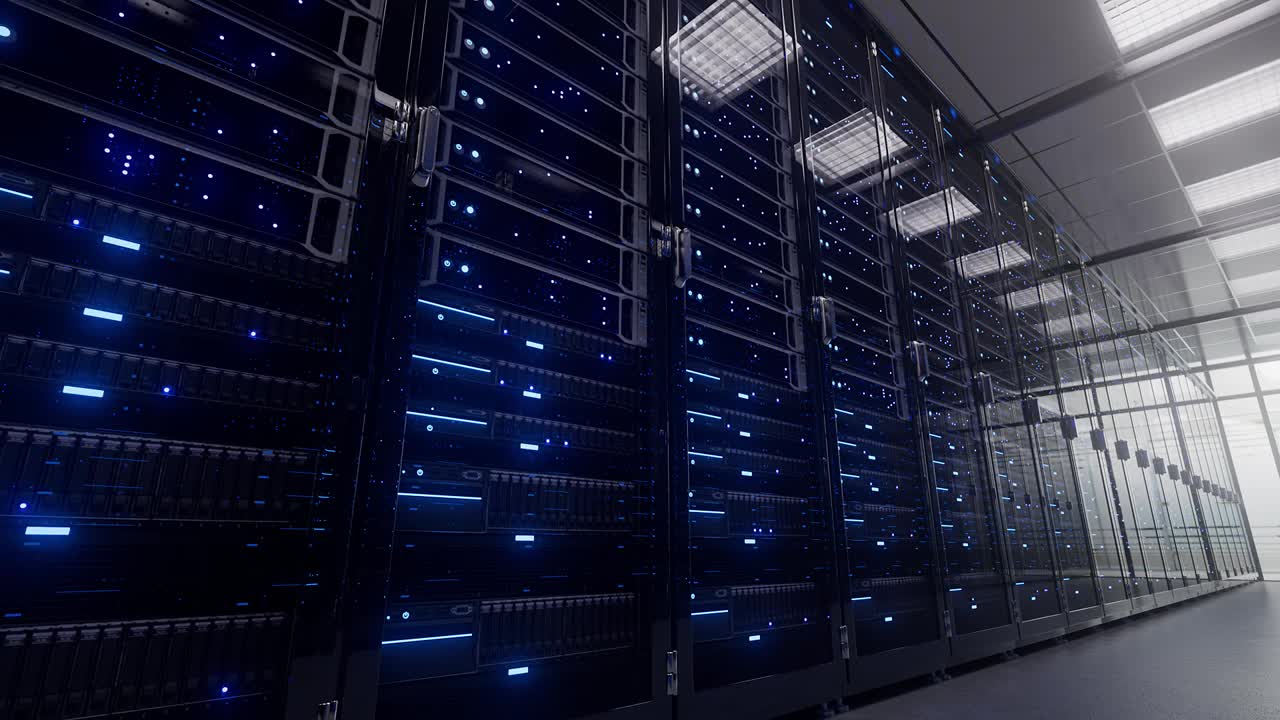 现代化的内部服务器室数据中心。云计算数据中心服务器室。连接和网络。备份，采矿，主机，主机，农场，云和计算机机架。4K超高清3d动画视频素材