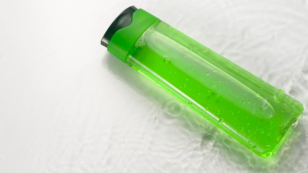 化妆品的塑料瓶里有飞溅和水滴。护肤产品、绿色洗发水、润肤露、视频素材