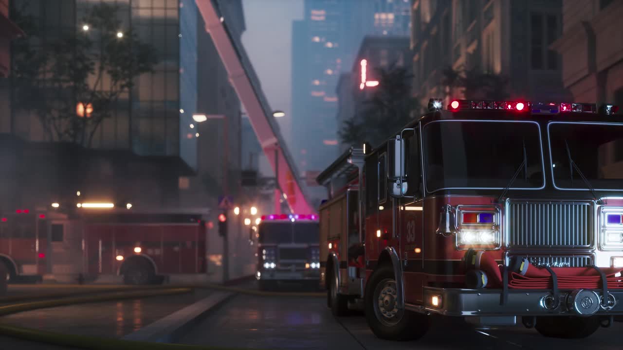 一辆闪烁着红灯的消防车三维可视化视频素材