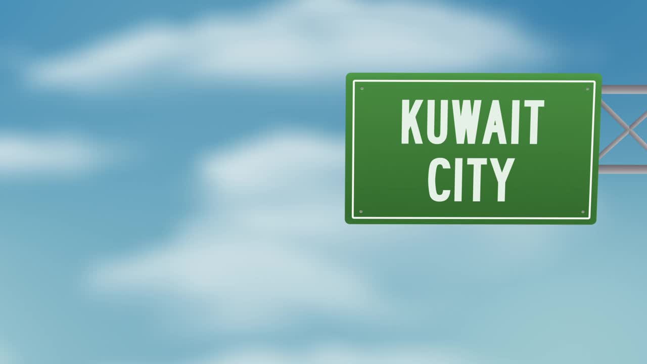 科威特首都科威特城市道路指示牌上方的蓝天白云-股票视频视频下载