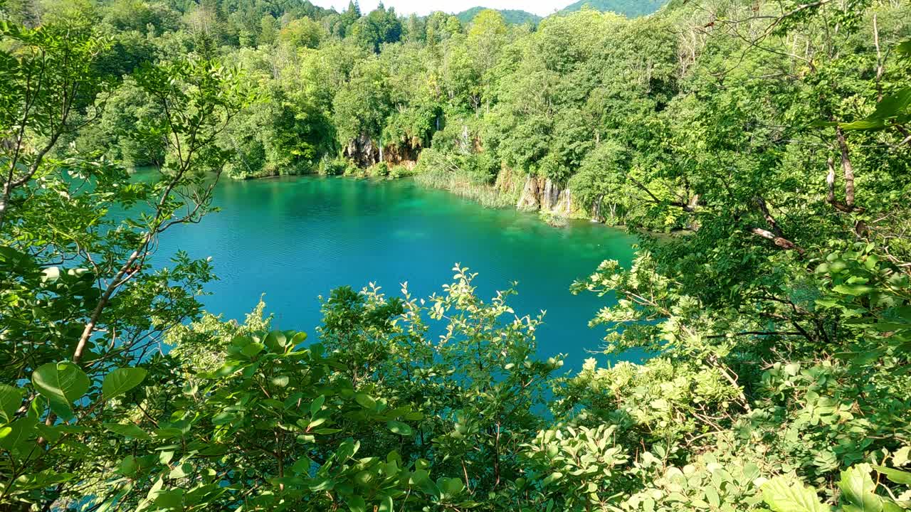 Plitvice湖的空中全景，克罗地亚。国家公园里美丽清新的大自然。夏天的天气，绿树蓝天。视频素材