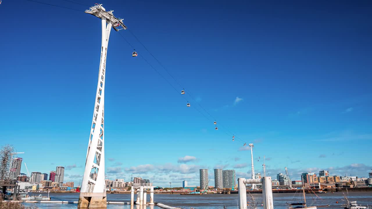 泰晤士河上的阿联酋航空公司缆车的时间推移视图。视频素材