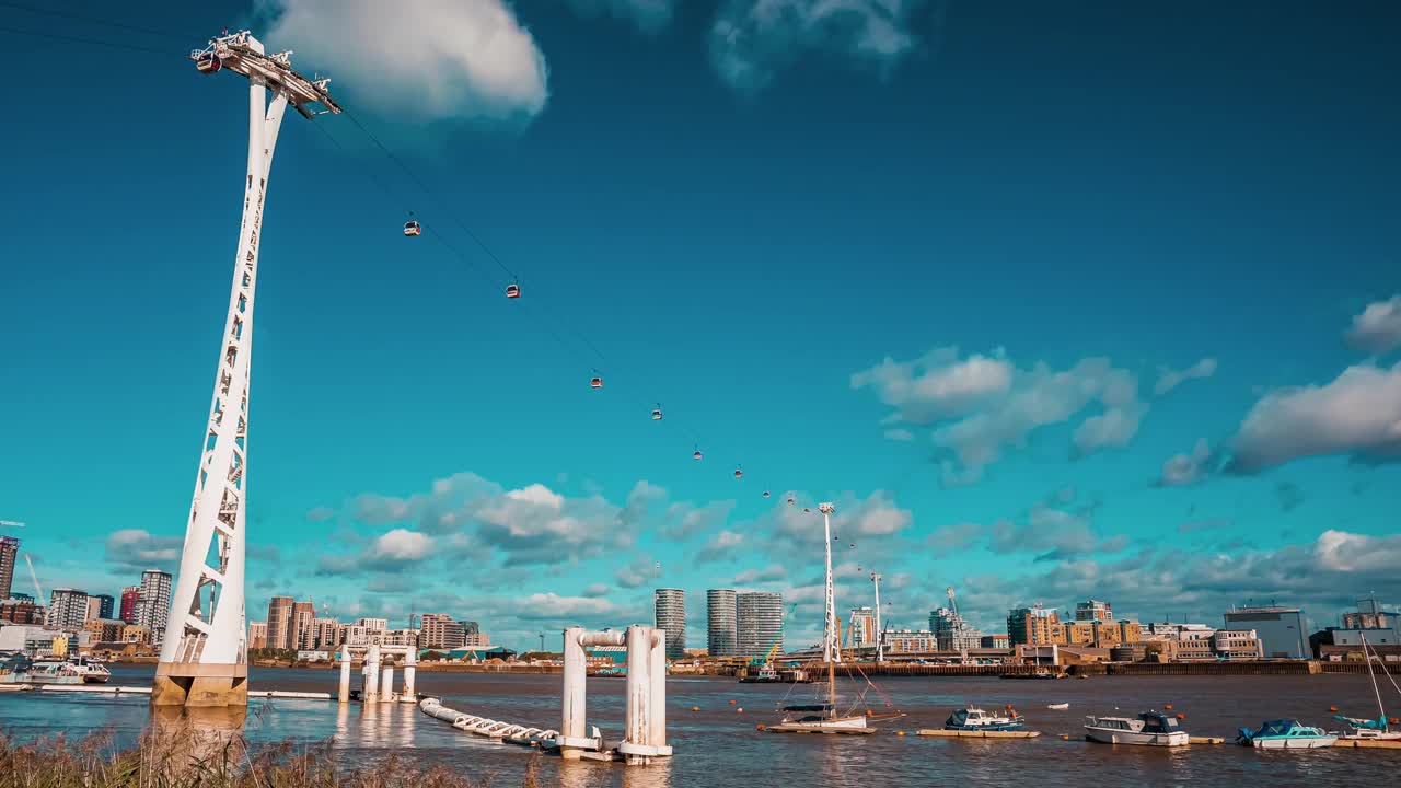 泰晤士河上的阿联酋航空公司缆车的时间推移视图。视频素材
