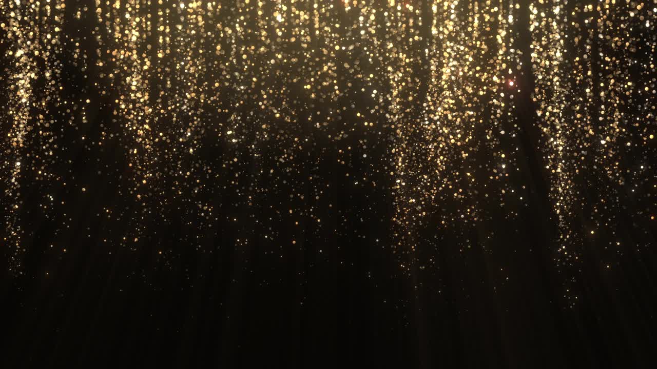 环形的闪烁粒子下落在慢动作-圣诞节，魅力，抽象的下落粒子背景在黄金视频素材