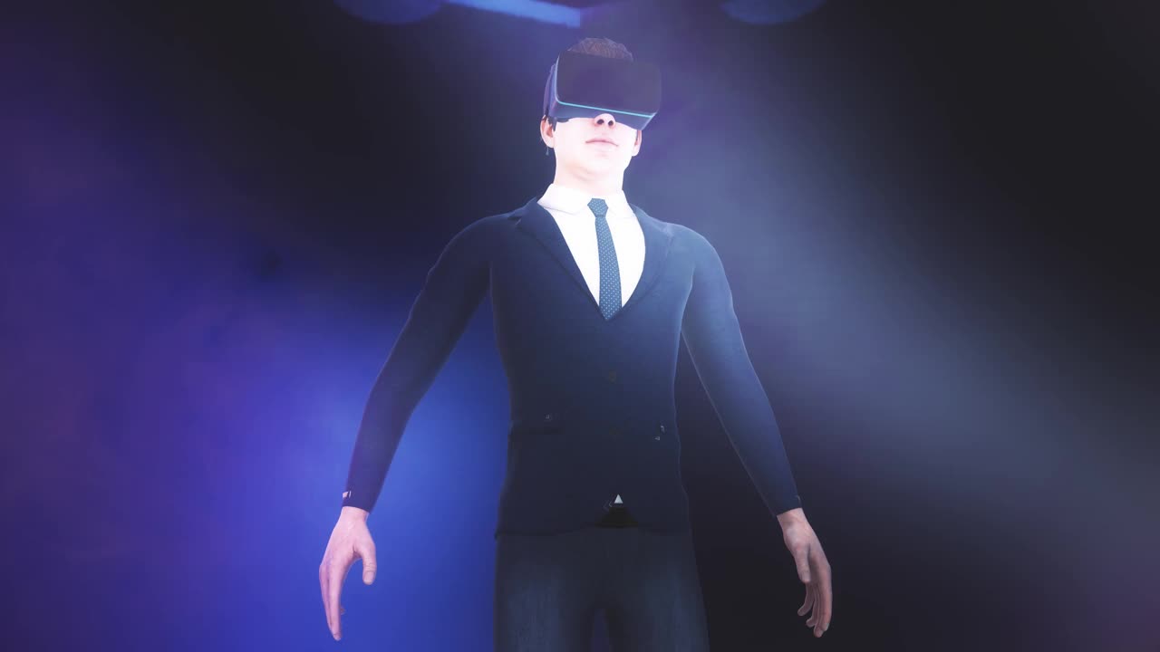 一名戴着虚拟现实头盔的男子变身成游戏角色视频下载