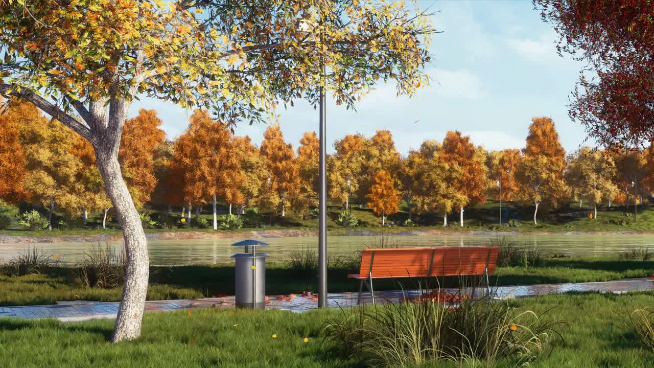 城市公园与空长凳在平静的秋天天3D动画视频素材