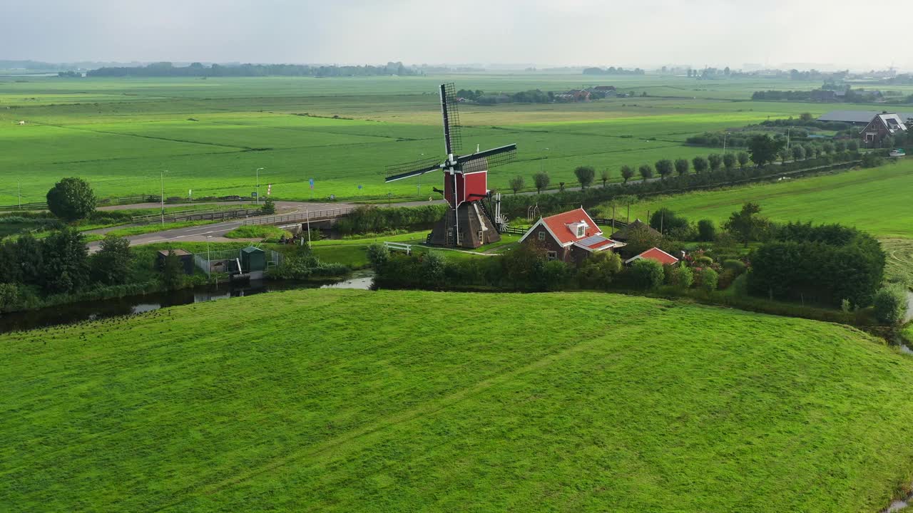 典型的荷兰圩田景观与风车视频下载