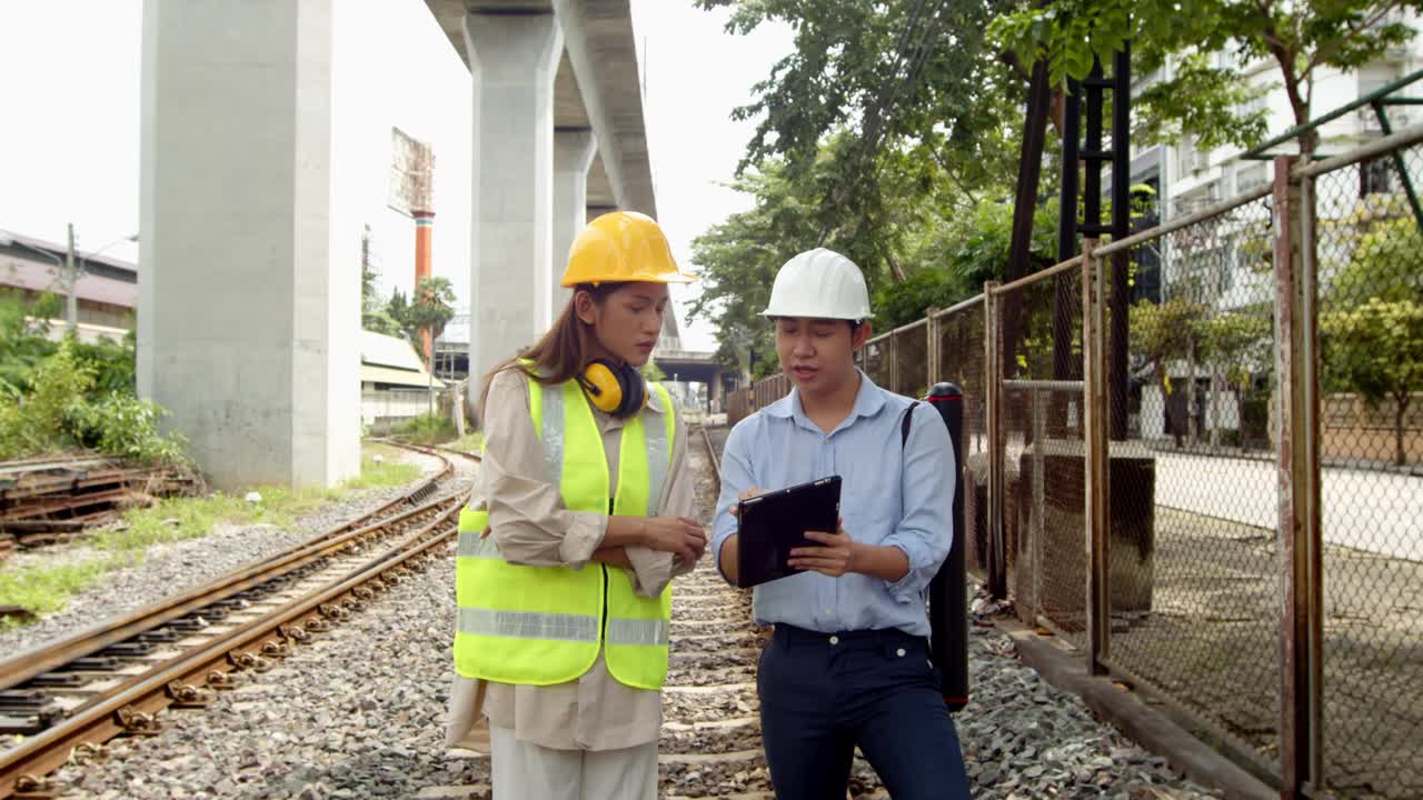 两名男工程师和女检查员检查火车轨道的状态。铁路工程视频素材