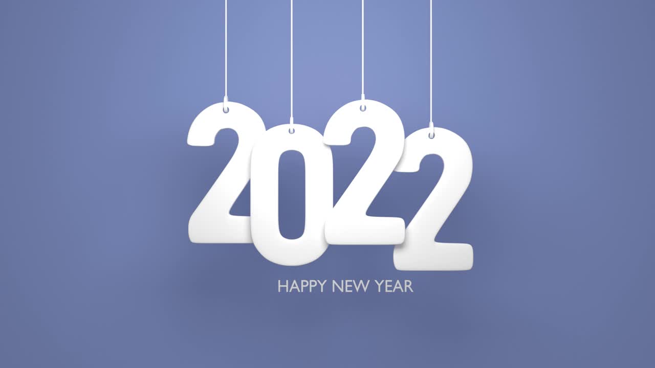 2022年新年快乐的文字悬挂像圣诞饰品新年贺卡背景蓝色4K分辨率视频下载
