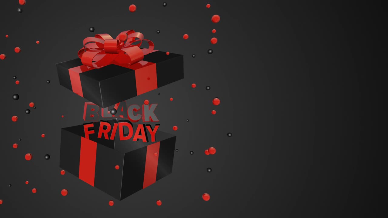 黑色星期五，4K动画包括标题和带红色蝴蝶结的黑色礼盒视频素材