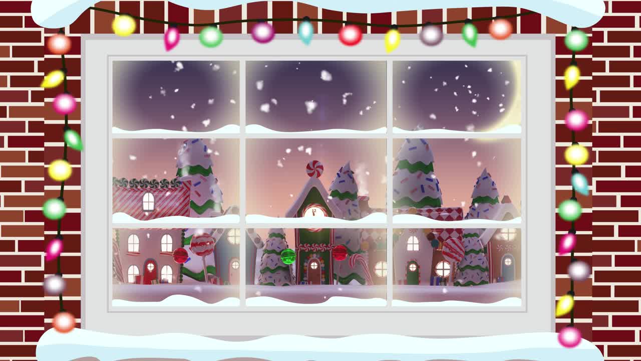 在冬天的风景上，童话般的灯光在窗框上对抗雪花飘落在多所房子上视频下载