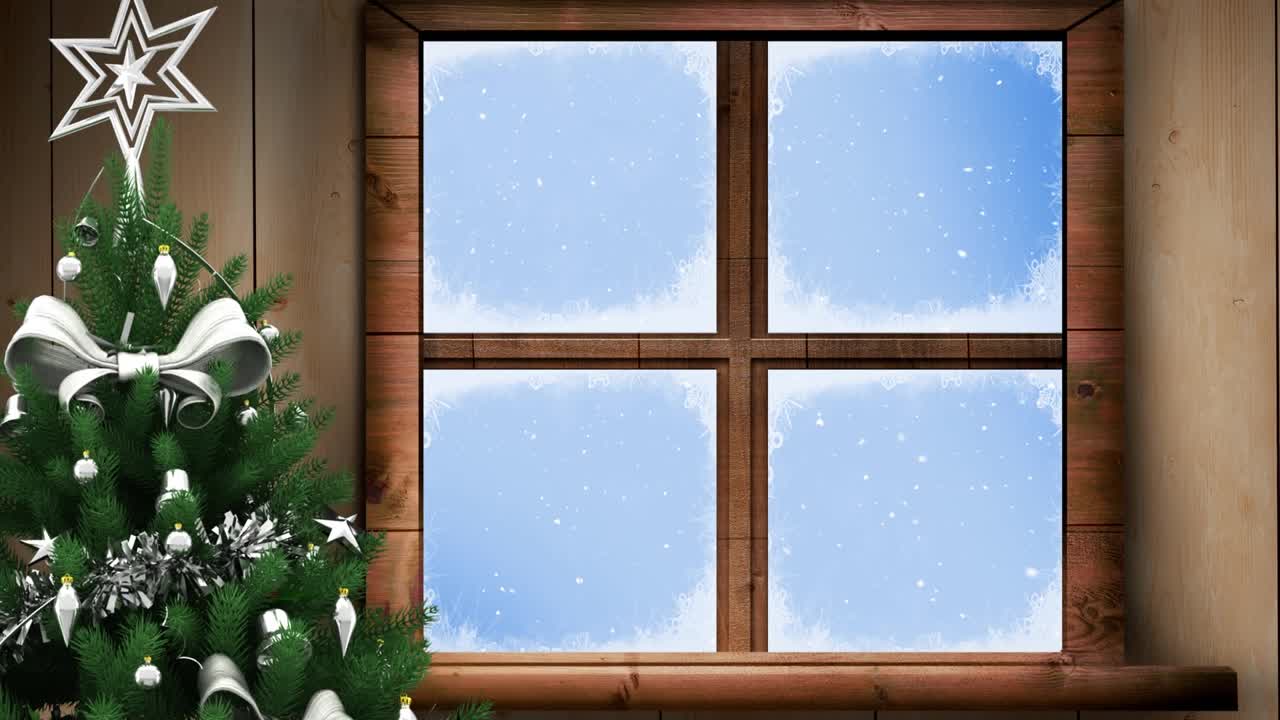 圣诞树和木窗框上的雪花飘落在蓝色的背景下视频素材