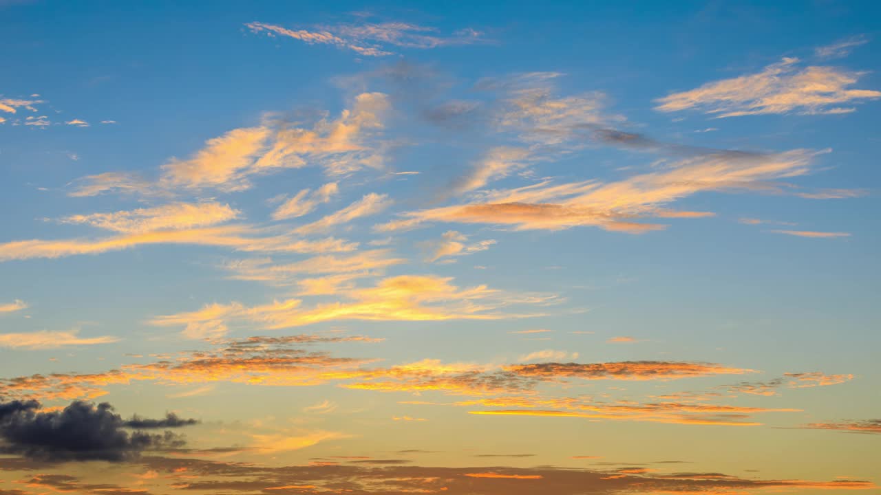 夕阳西下时，蓝色的天空上彩云变幻着形状。视频素材