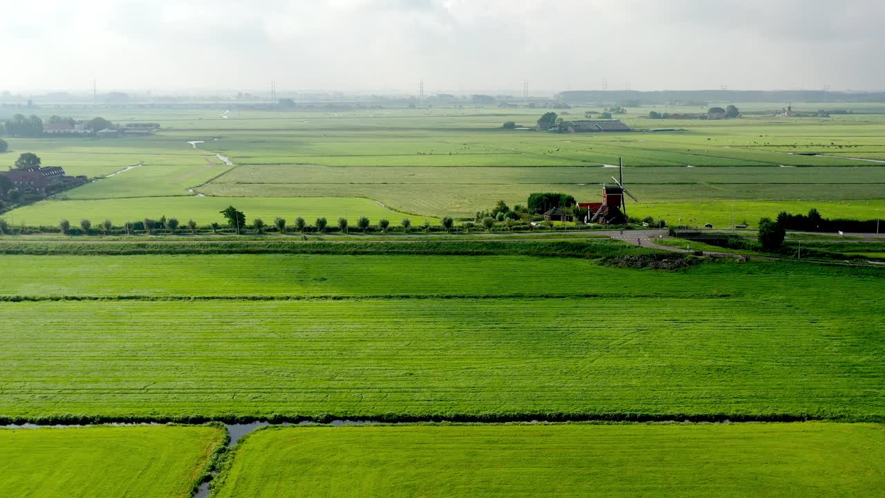典型的荷兰圩田景观与风车视频下载