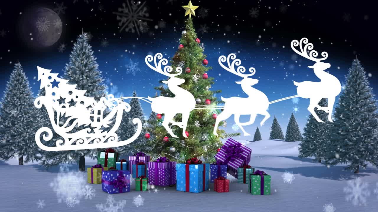 圣诞老人坐在驯鹿拉的雪橇上，在冬天的风景上庆祝圣诞节视频素材