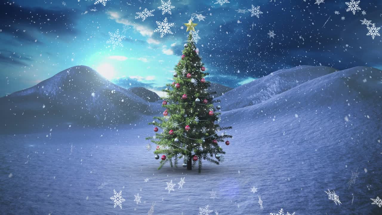 雪花飘落在圣诞树上的冬季景观在天空中的云视频素材
