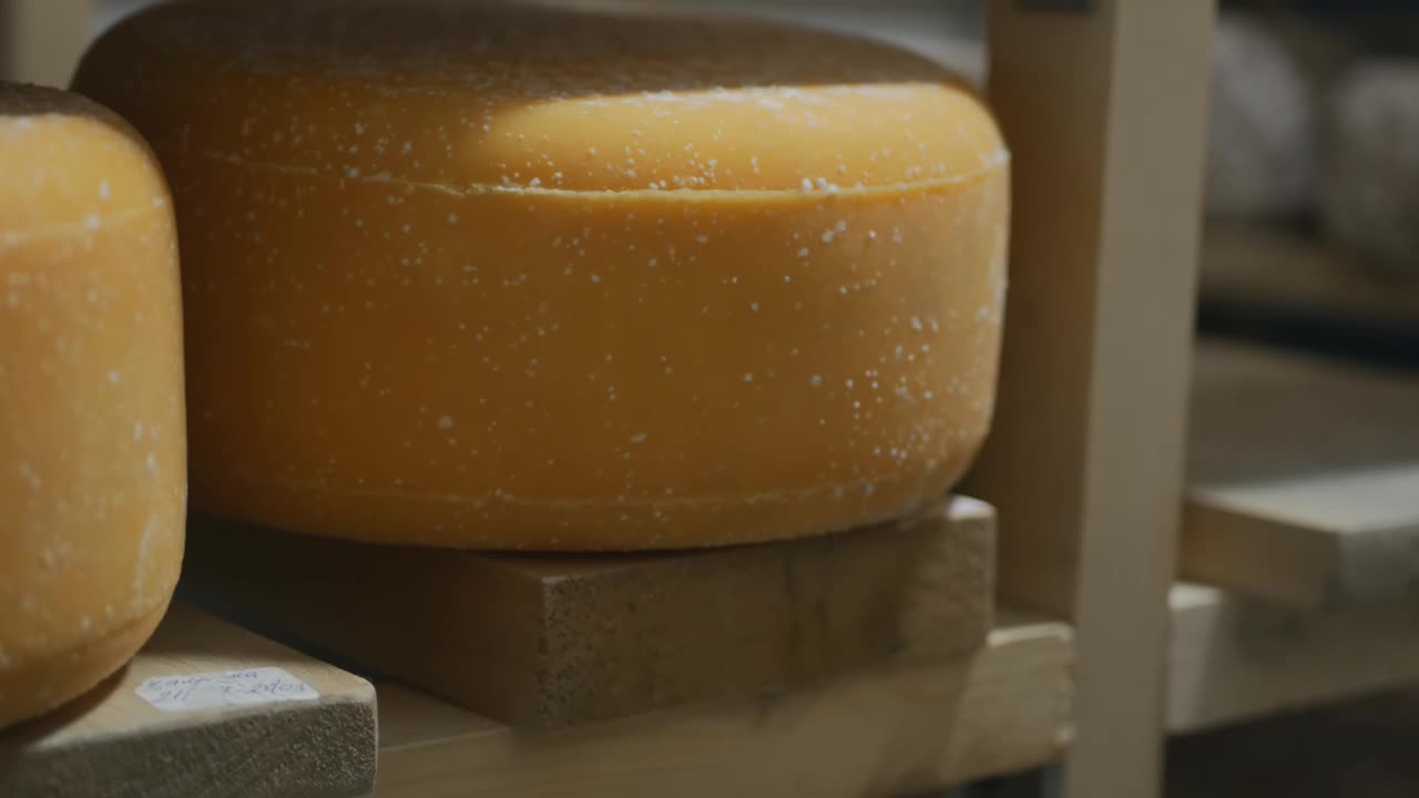 摄影，特写，景深，黑暗中架子上的圆形奶酪头视频下载